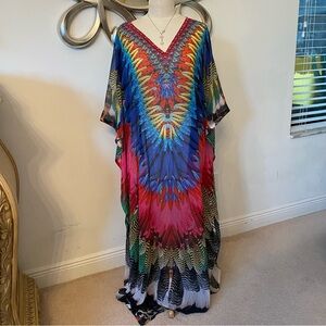 Saakas Colorful Feather Embellished Semi Sheer Caftan Cover Up | one size